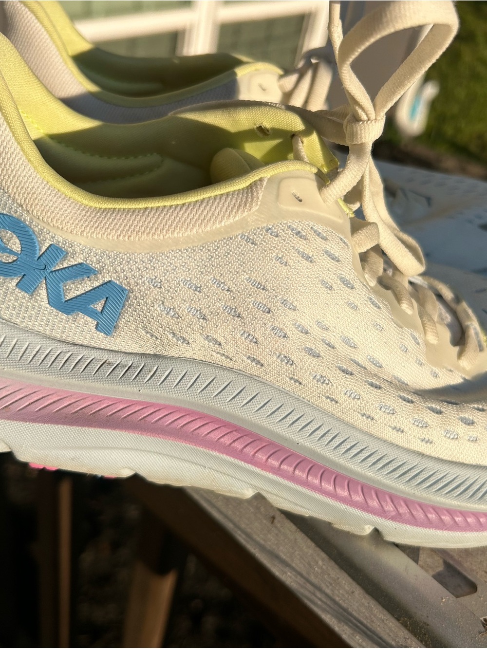 Hoka One One Women's White Running Shoes with Pastel Blue, Pink & Yellow Accents - Picture 7 of 11